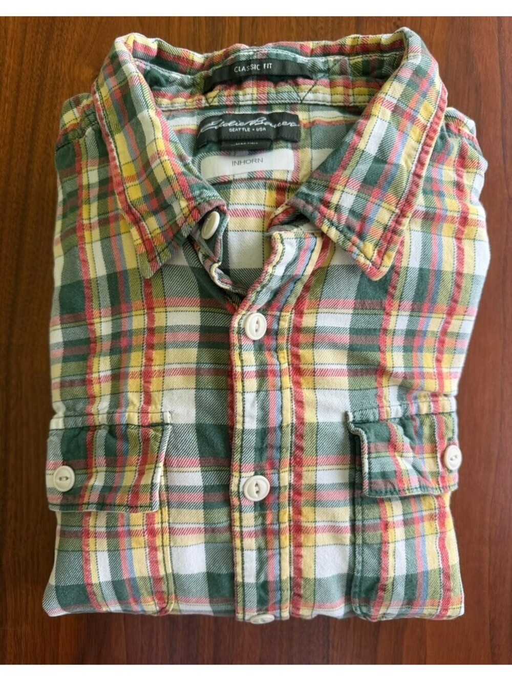 Eddie Bauer Men's Green/Yellow/Orange Plaid Flannel Button-Down Shirt - Size LT